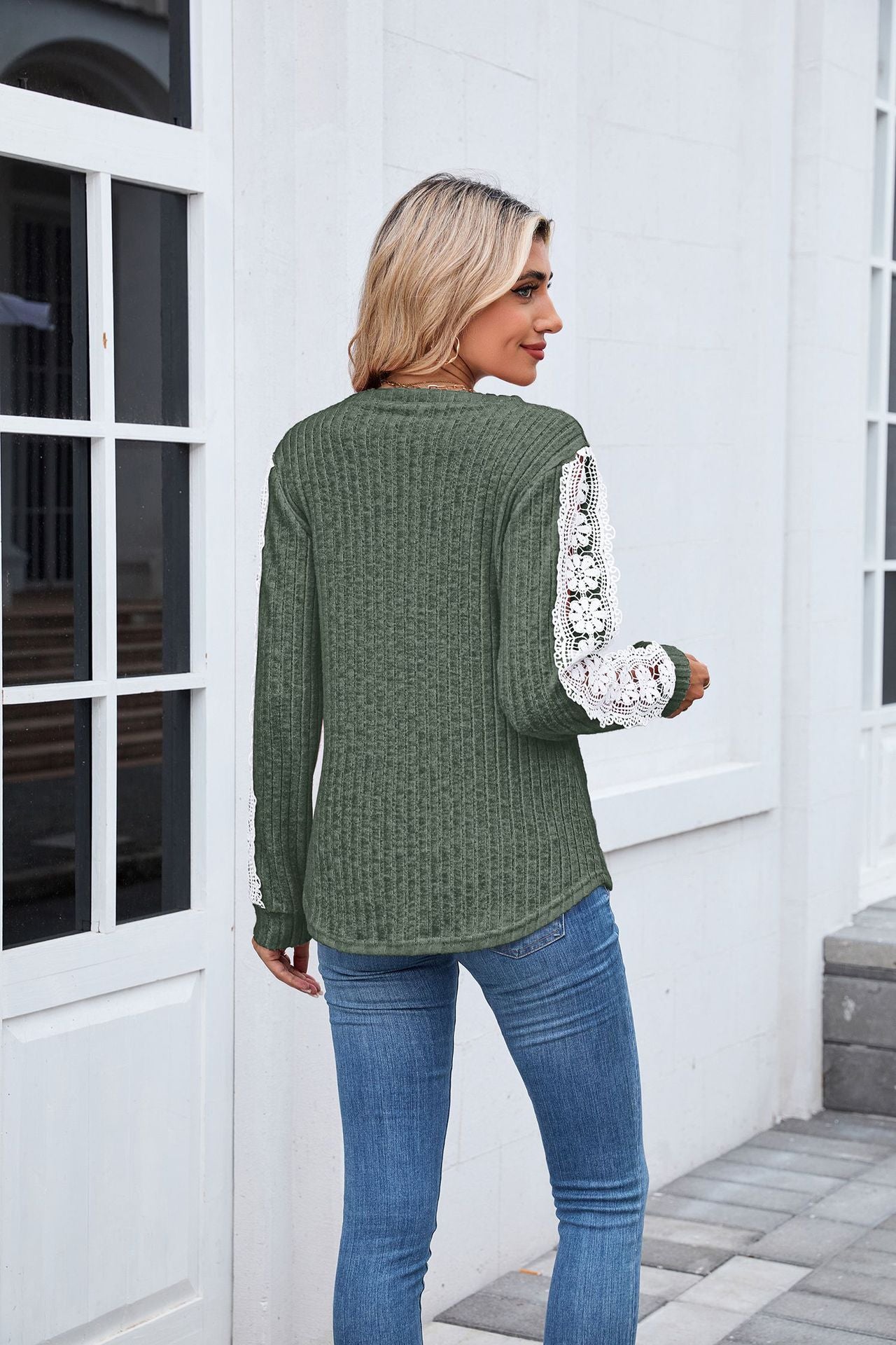 Women's V Neck Lace Long Sleeve Tunic Top