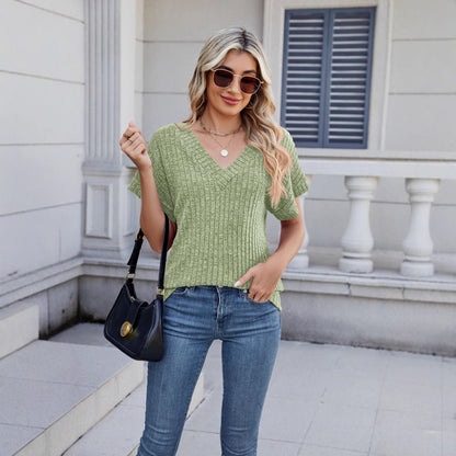 Solid Ribbed Knit Top V Neck Short Sleeve Casual Tee