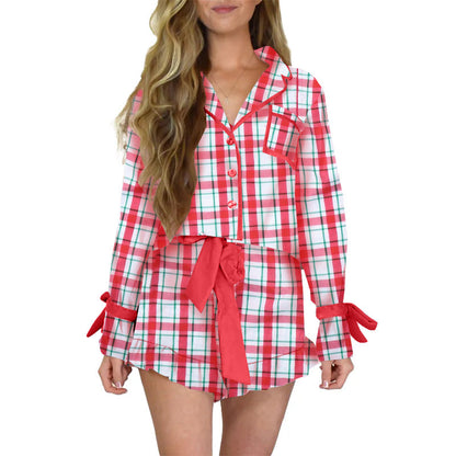 Women's Printed Satin Pajama Shorts Set Long Sleeve