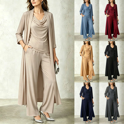 Women's 3 Piece Cowl Neck Top Long Cardigan Pants Set