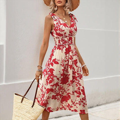 Red Floral Tie-Shoulder Sleeveless Summer Vacation Dress