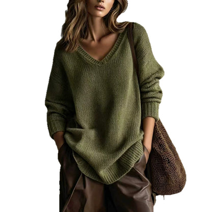 Women's V-Neck Knit Pullover Sweater Long Sleeve Casual