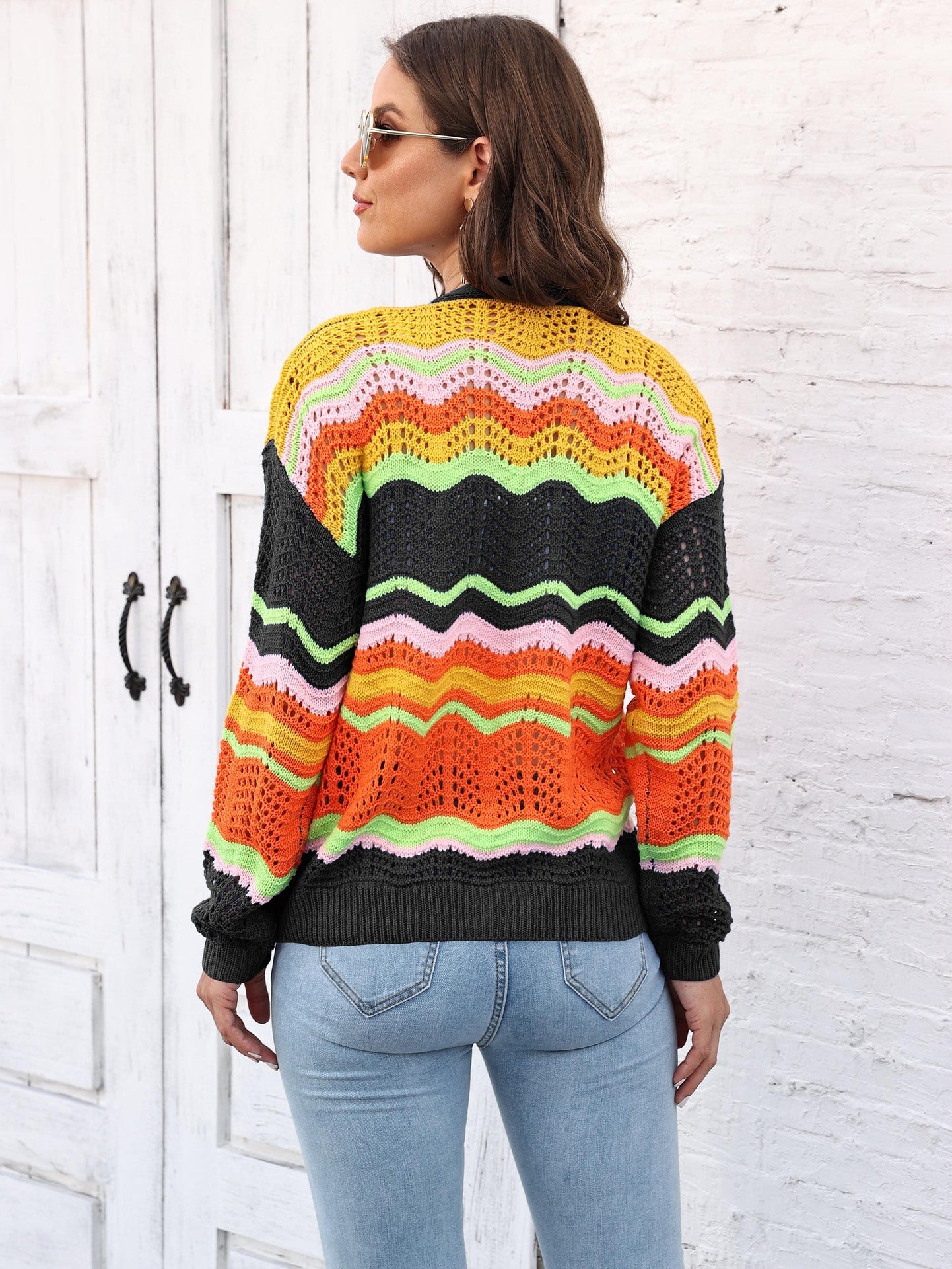 Women's Rainbow Patchwork Striped Sweater Jacket