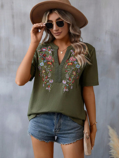 Women’s Navy Floral Embroidered V Neck Summer Top