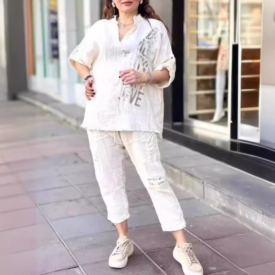 Women's Oversized Linen Graphic Half Sleeve Pants Set