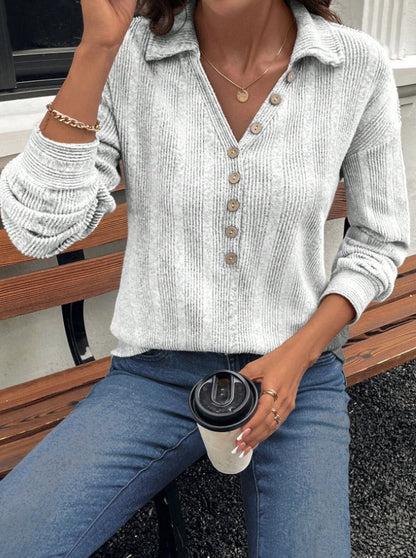 Ribbed Knit Collared V Neck Button Pullover Sweater