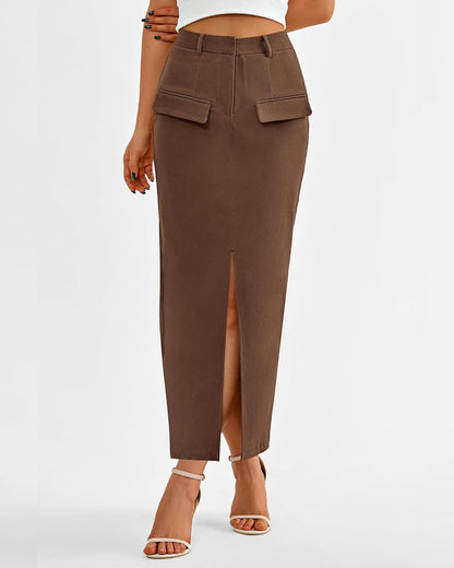 Elegant High Waist Midi Skirt with Front Slit