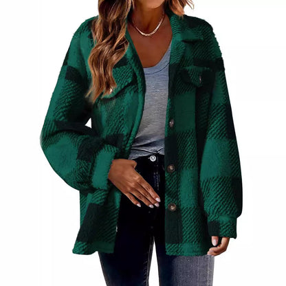 Women's Plaid Sherpa Shacket Fleece Jacket with Pockets