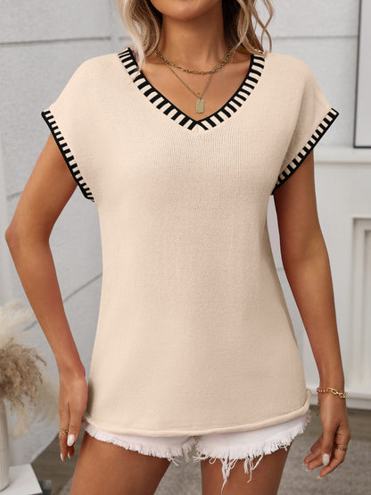 Striped V Neck Knit Top Short Sleeve Casual Sweater