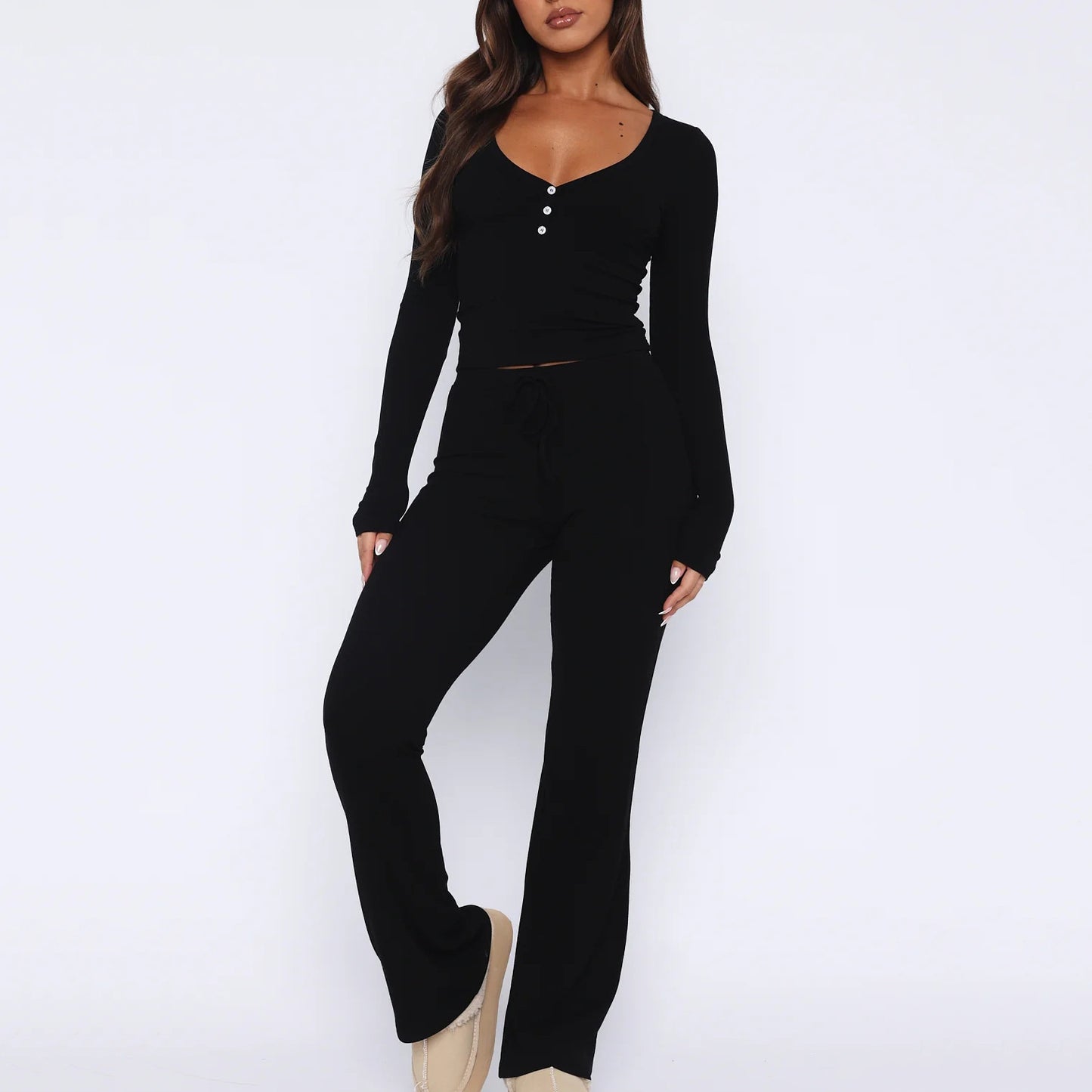 Women's Two Piece Lounge Set Henley Top and Pants