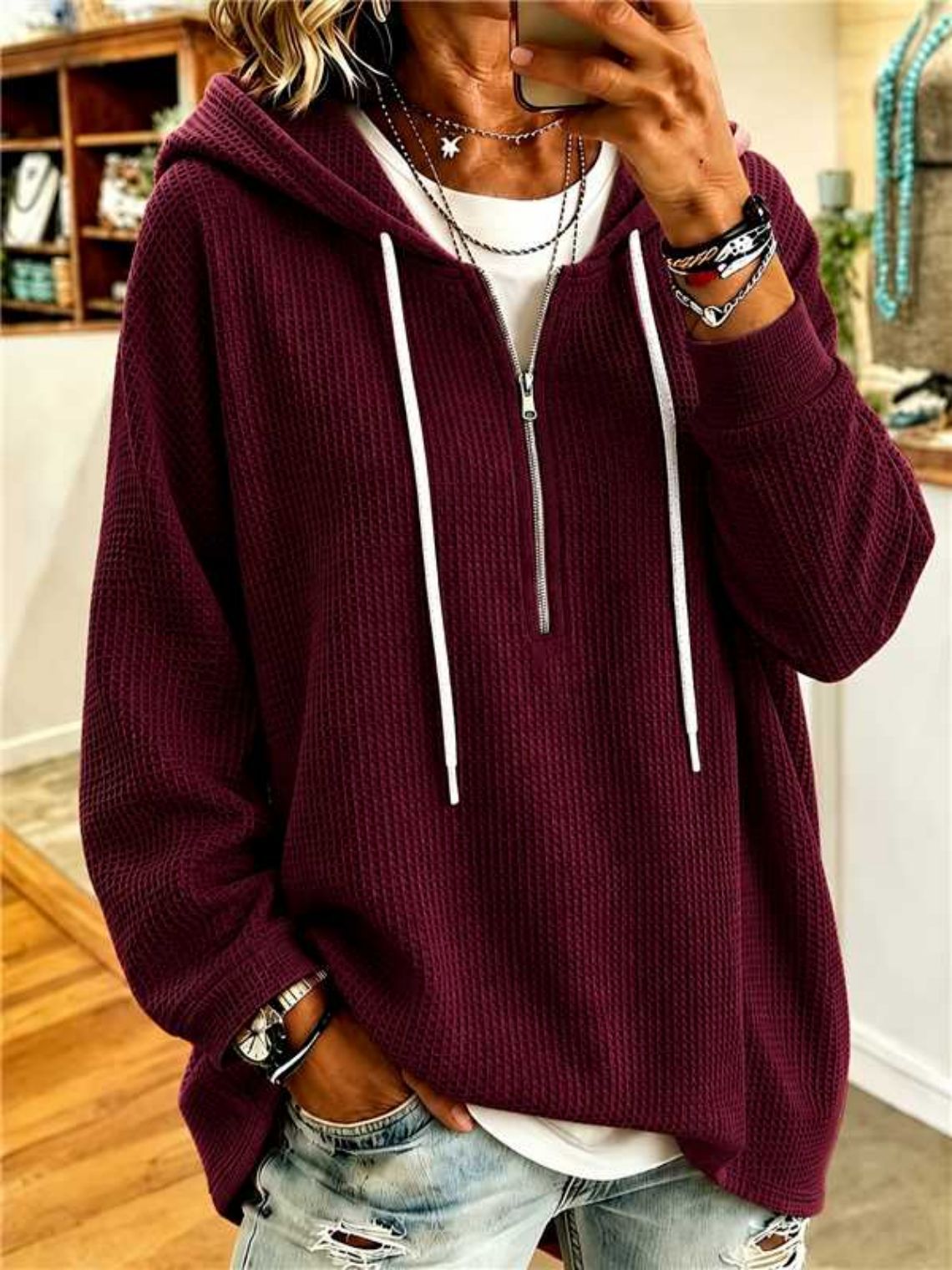 Women's Waffle Knit Half Zip Hoodie Oversized Batwing Tunic