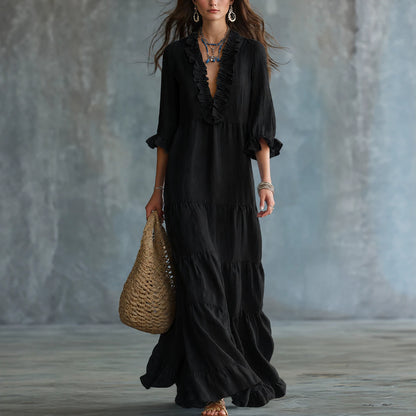 Women's Boho Tiered Ruffle Maxi Dress V-Neck 3/4 Sleeve