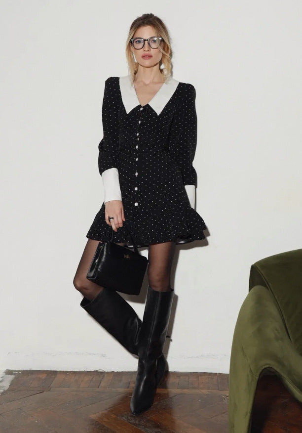 Polka Dot Contrast Collar Button Front A-Line Mini Dress