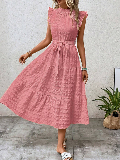 Lace-Up Textured Dress with Ruffled Sleeves