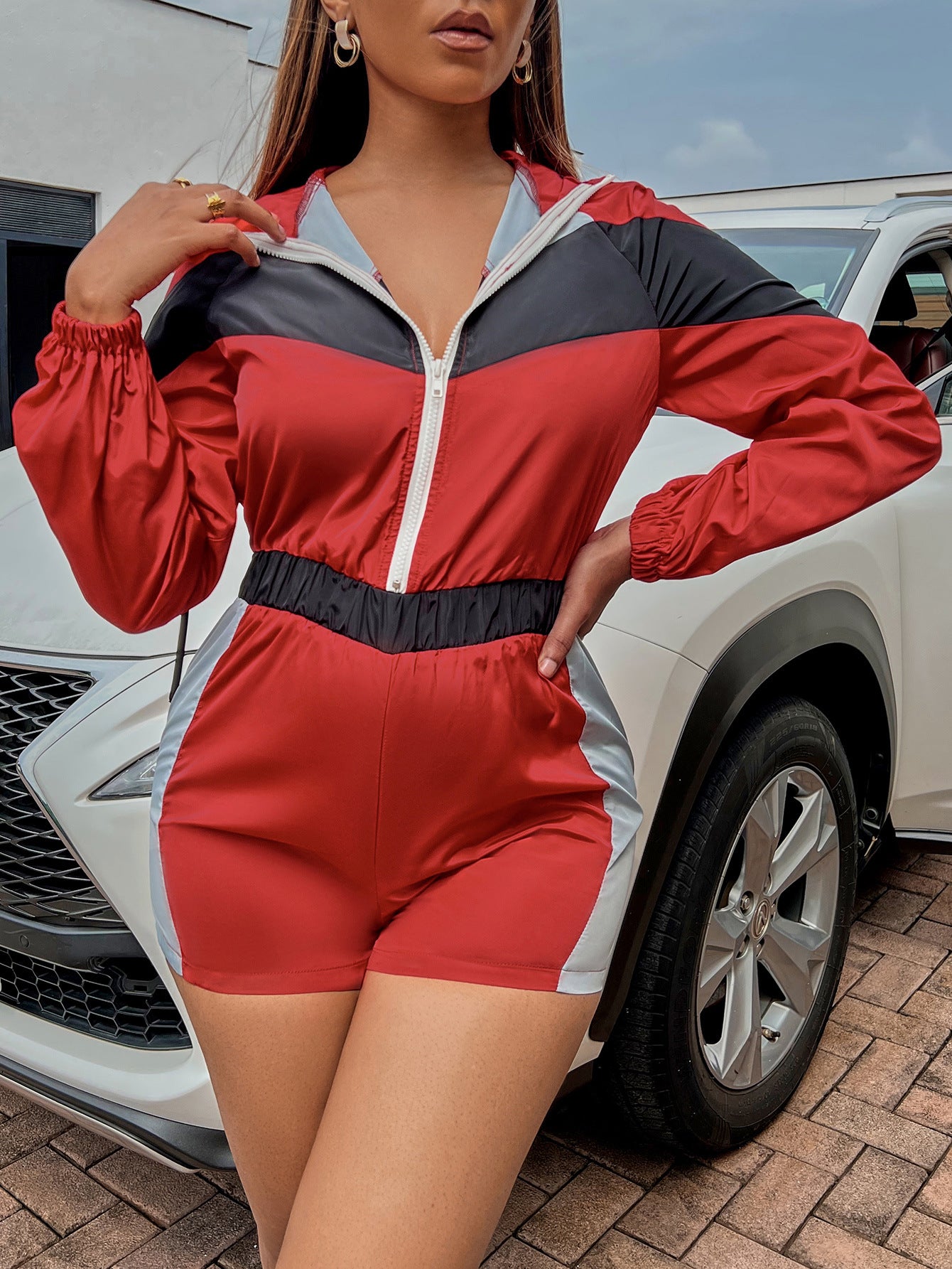 Splicing Contrasting Zipper Jumpsuit Shorts