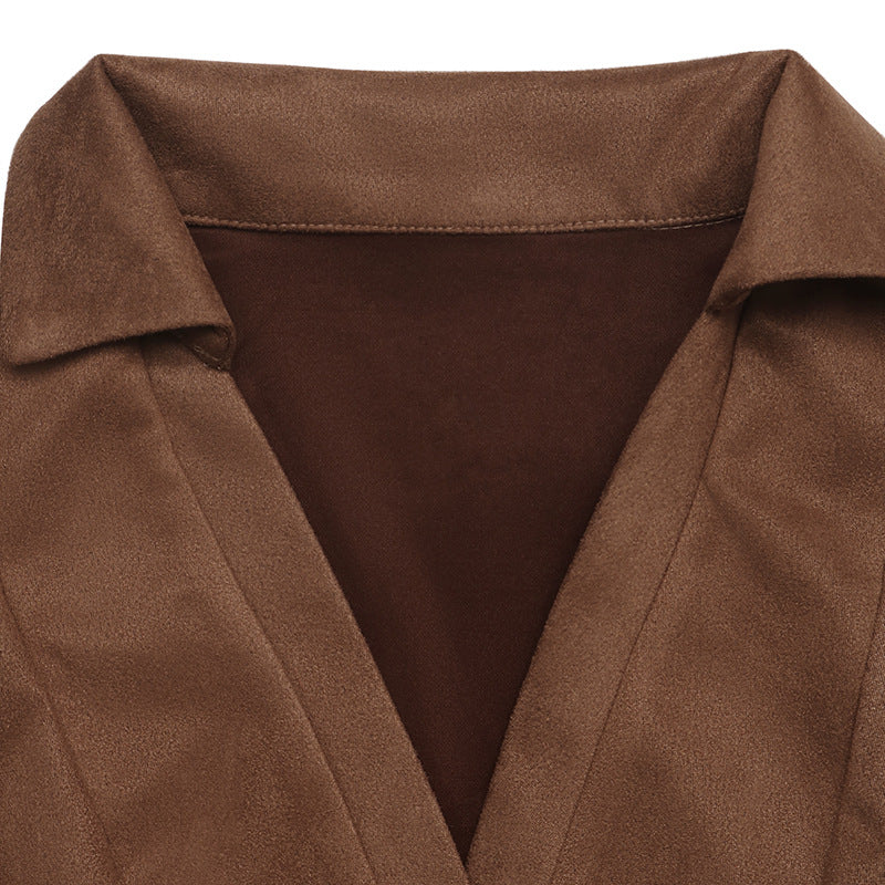 Faux Suede Collared Mini Dress Long Sleeve A-Line