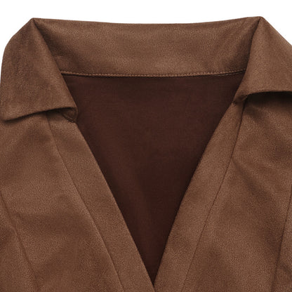 Faux Suede Collared Mini Dress Long Sleeve A-Line