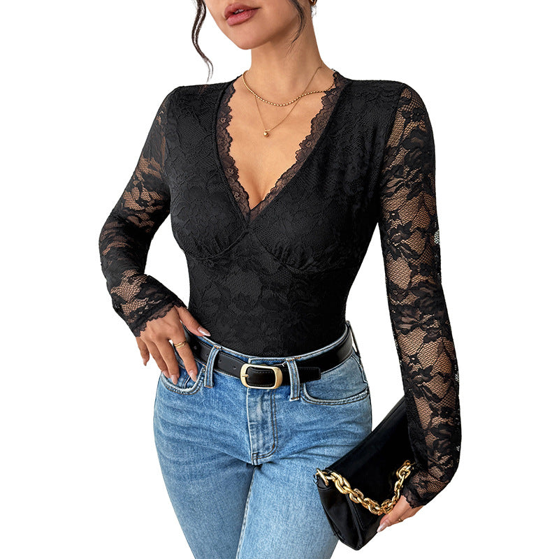 Black Lace V Neck Long Sleeve Slim Fit Bodysuit