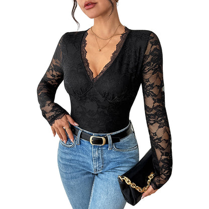 Black Lace V Neck Long Sleeve Slim Fit Bodysuit