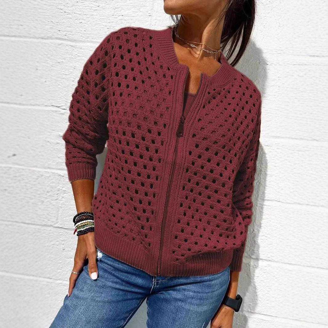 Women's Open Knit Zip Up Cardigan Sweater