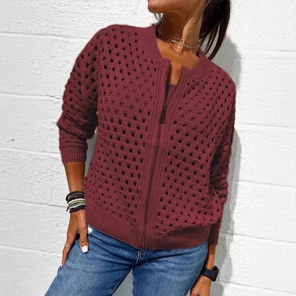 Women's Open Knit Zip Up Cardigan Sweater