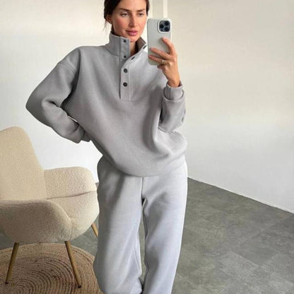 Women's Oversized Fleece Button Mock Neck Sweatsuit Set