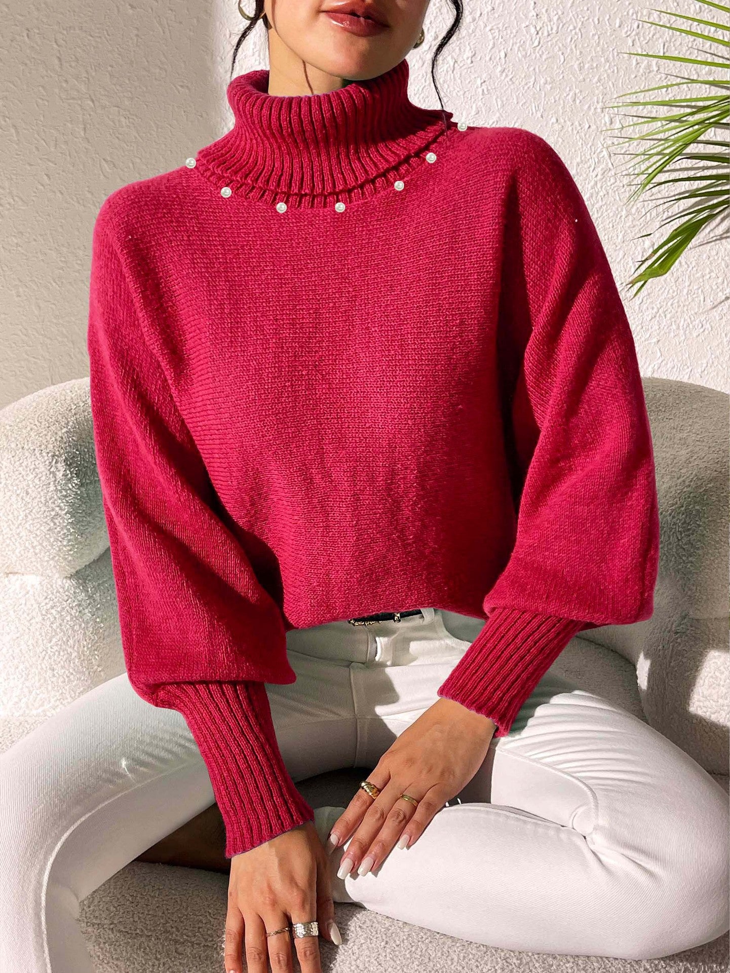 Women's Bottoming Shirt Solid Color Simple Beaded Turtleneck Sweater