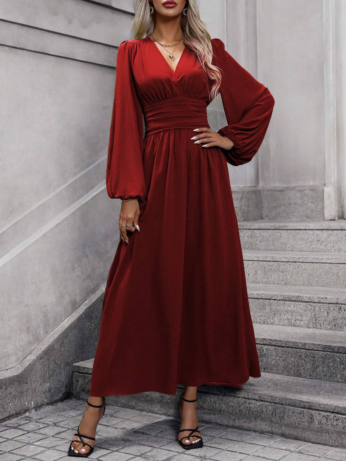 Balloon Sleeve Maxi Dress V-Neck Smocked High Slit