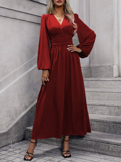 Balloon Sleeve Maxi Dress V-Neck Smocked High Slit