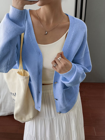 Women’s Solid Color Knit Cardigan V Neck Long Sleeve Top