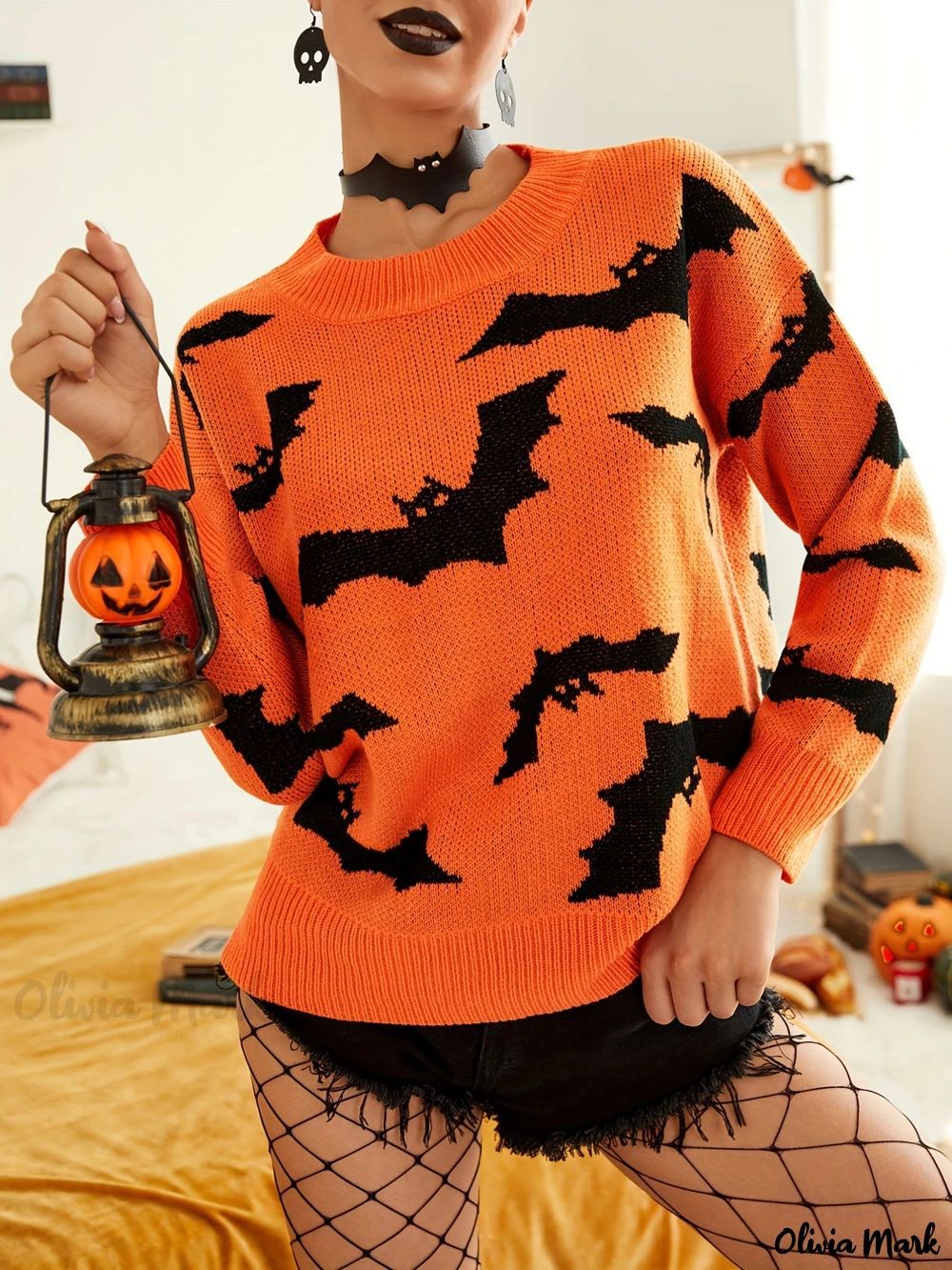 Women's Halloween Bat Crewneck Knit Sweater Pullover