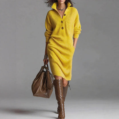 Women's Collared Button Front Knit Midi Sweater Dress