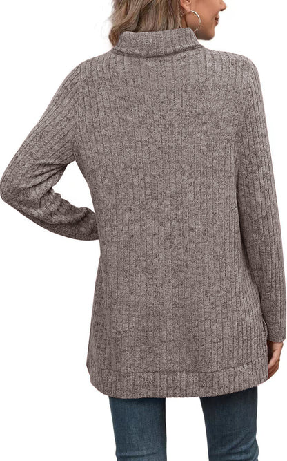 Oversized Ribbed Turtleneck Tunic Top Side Split