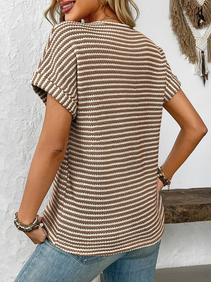 Women’s V-Neck Striped Loose Fit Short Sleeve Tee