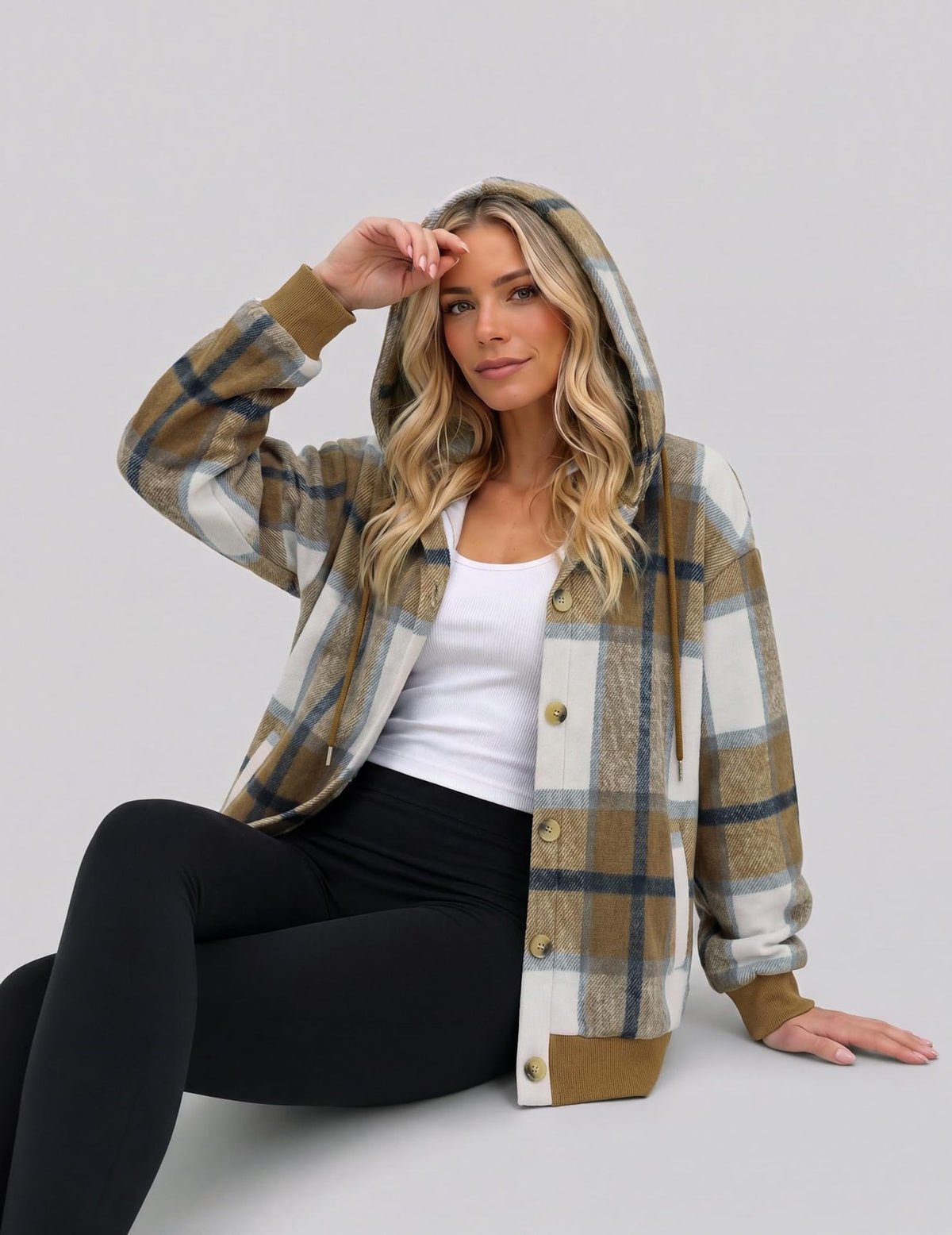 Women's Oversized Hooded Plaid Shacket Jacket