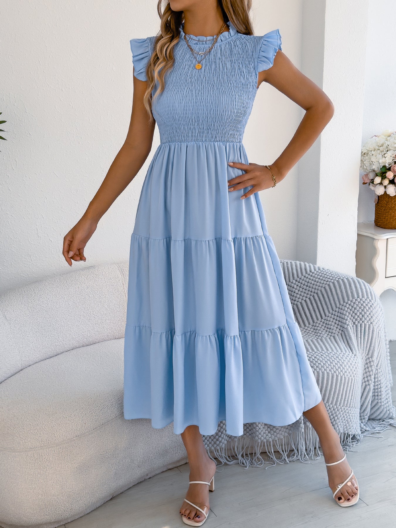 Smocked Ruffle Sleeve Tiered Maxi Dress