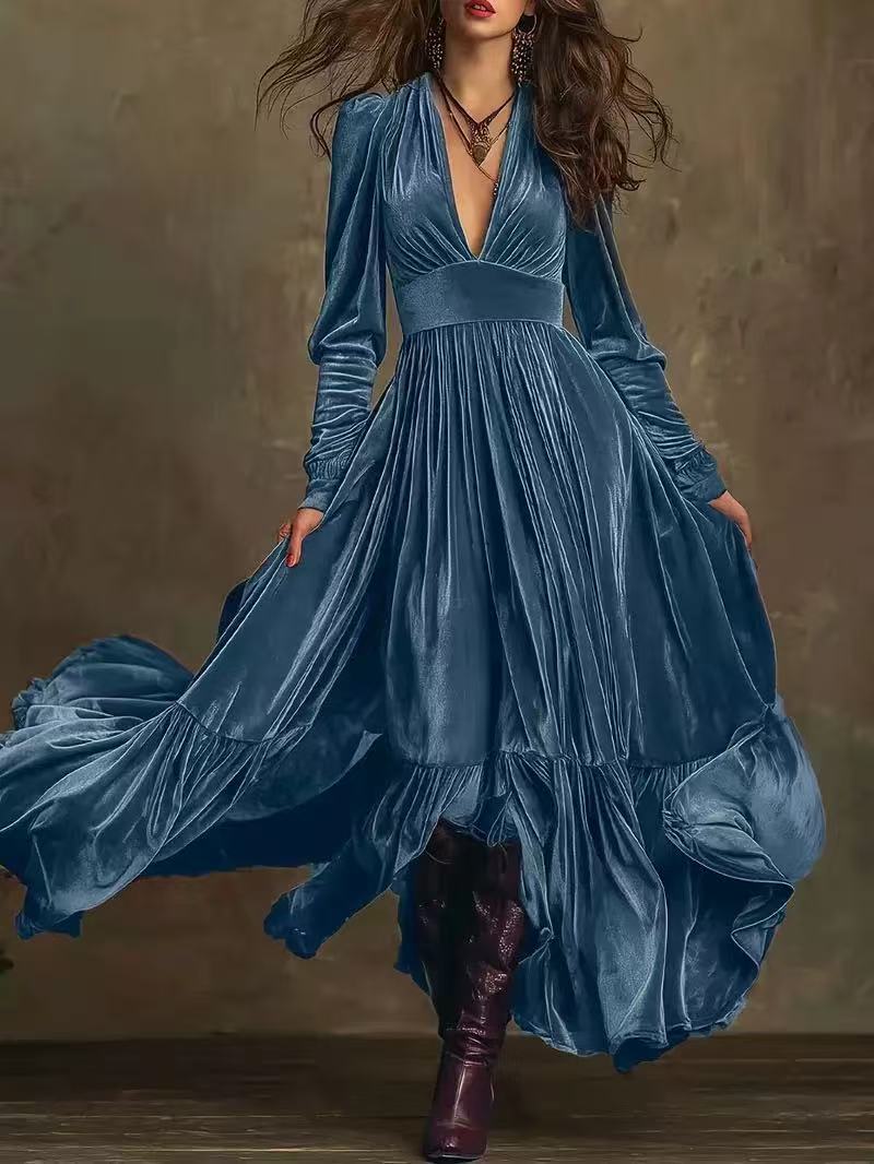 Women's Velvet Tiered Maxi Dress V Neck Long Sleeve