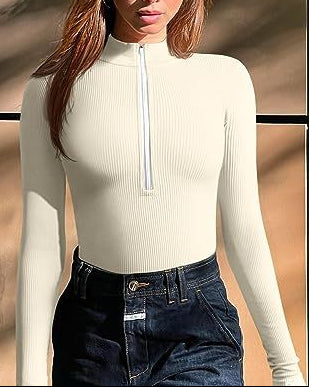 Sexy Ribbed Zip Front Long Sleeve Bodysuit