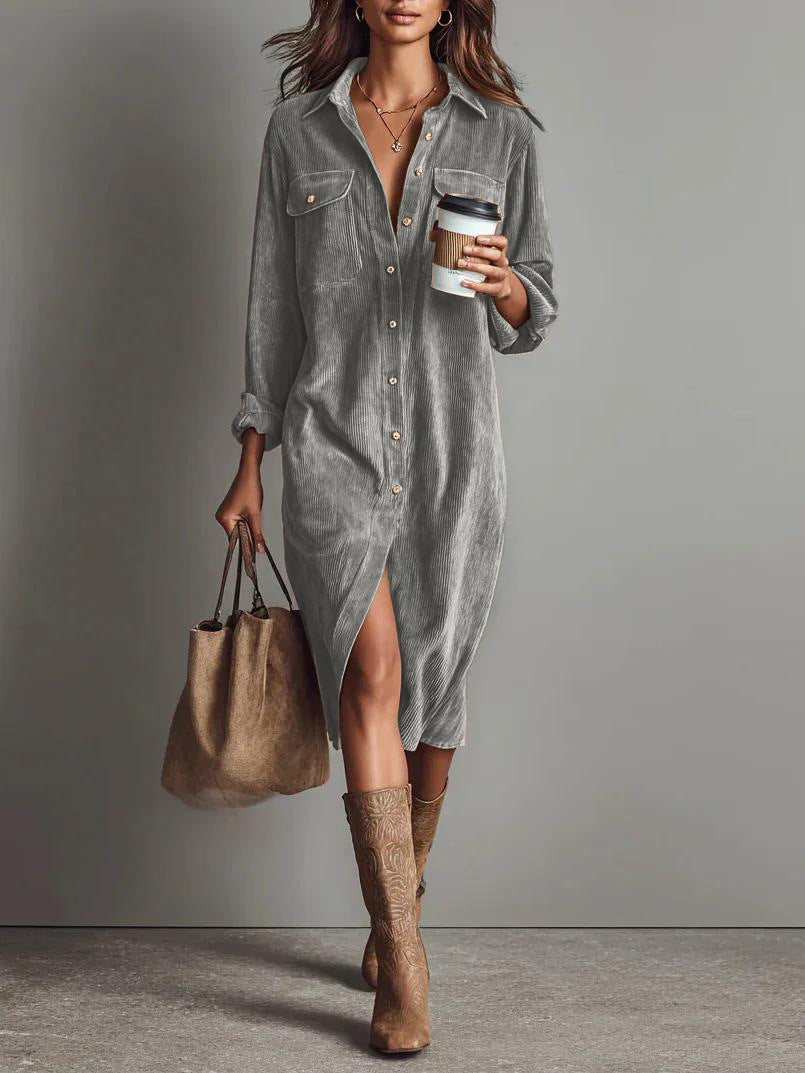 Women's Corduroy Shirt Dress Long Sleeve Button Down Midi