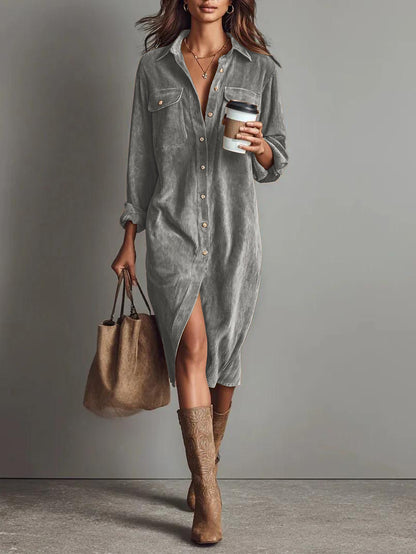 Women's Corduroy Shirt Dress Long Sleeve Button Down Midi
