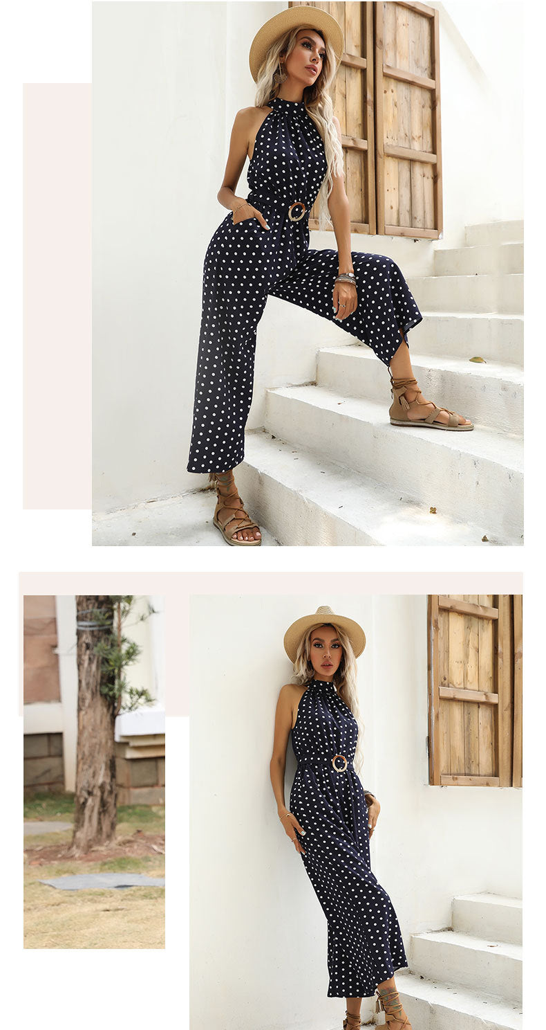 Polka Dot Halter Wide Leg Jumpsuit Vintage Resort Wear