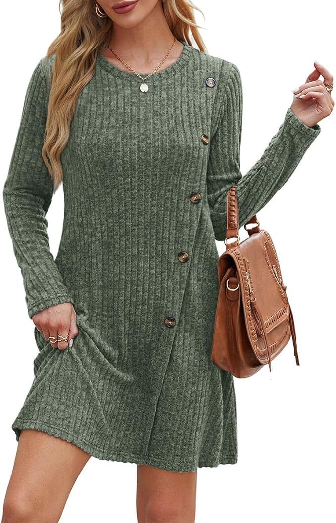 Ribbed Long Sleeve Dress with Side Buttons & Pockets