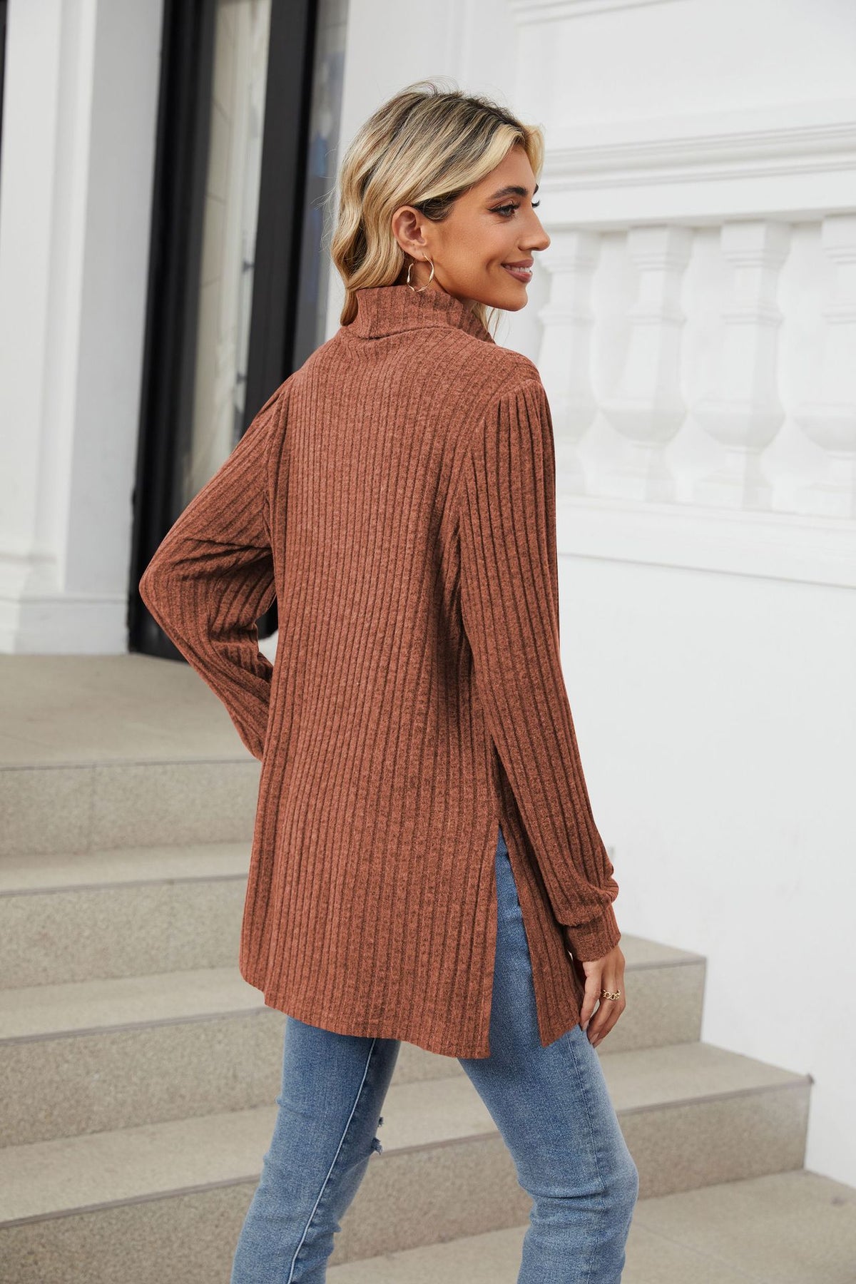 Women's Ribbed Mock Neck Long Sleeve Tunic with Pockets