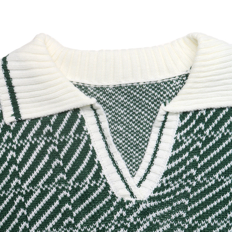 Contrast Polo Collar Abstract Knit Pullover Sweater