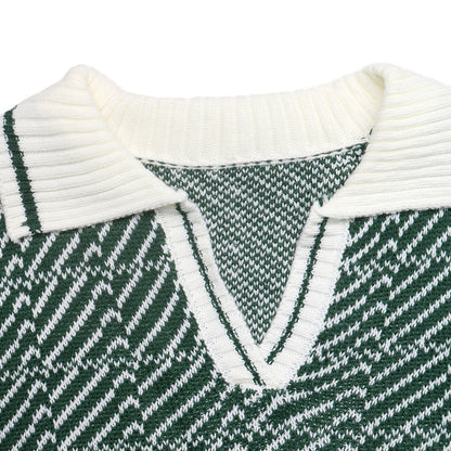 Contrast Polo Collar Abstract Knit Pullover Sweater