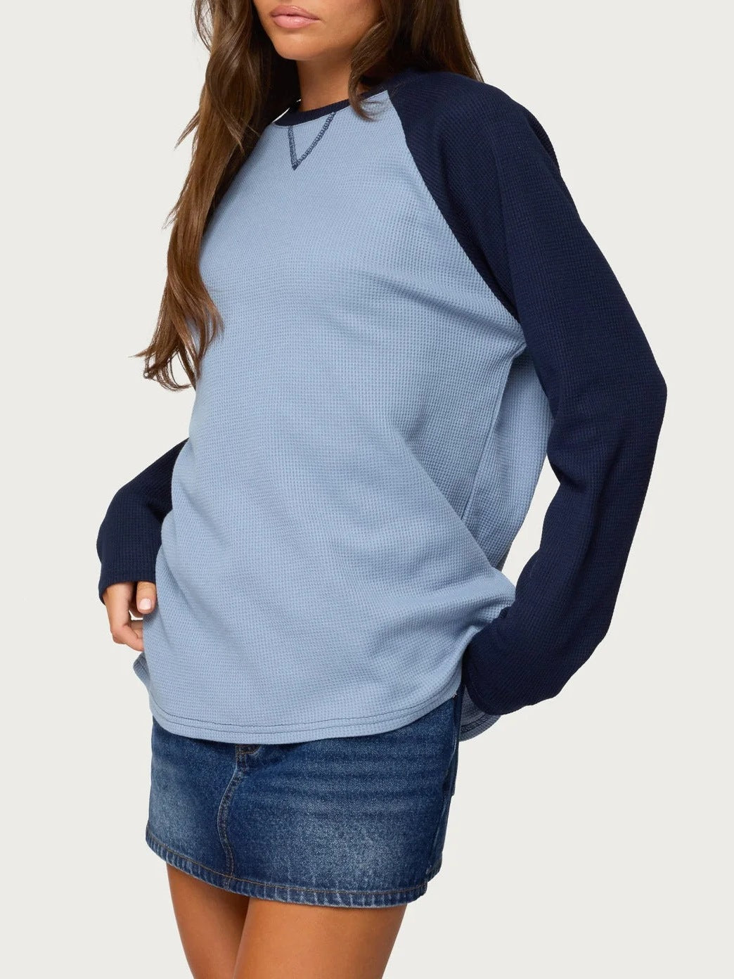 Color Block Waffle Knit Top Crew Neck Long Sleeve Tee