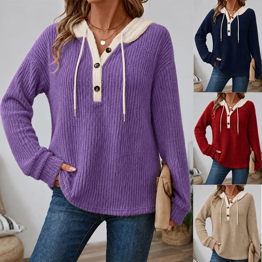Textured Hooded Henley Drawstring Long Sleeve Top