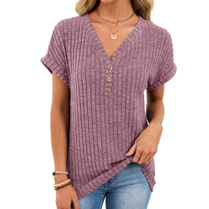 Ribbed Button V-Neck Top – Relaxed Fit Casual Summer Tee