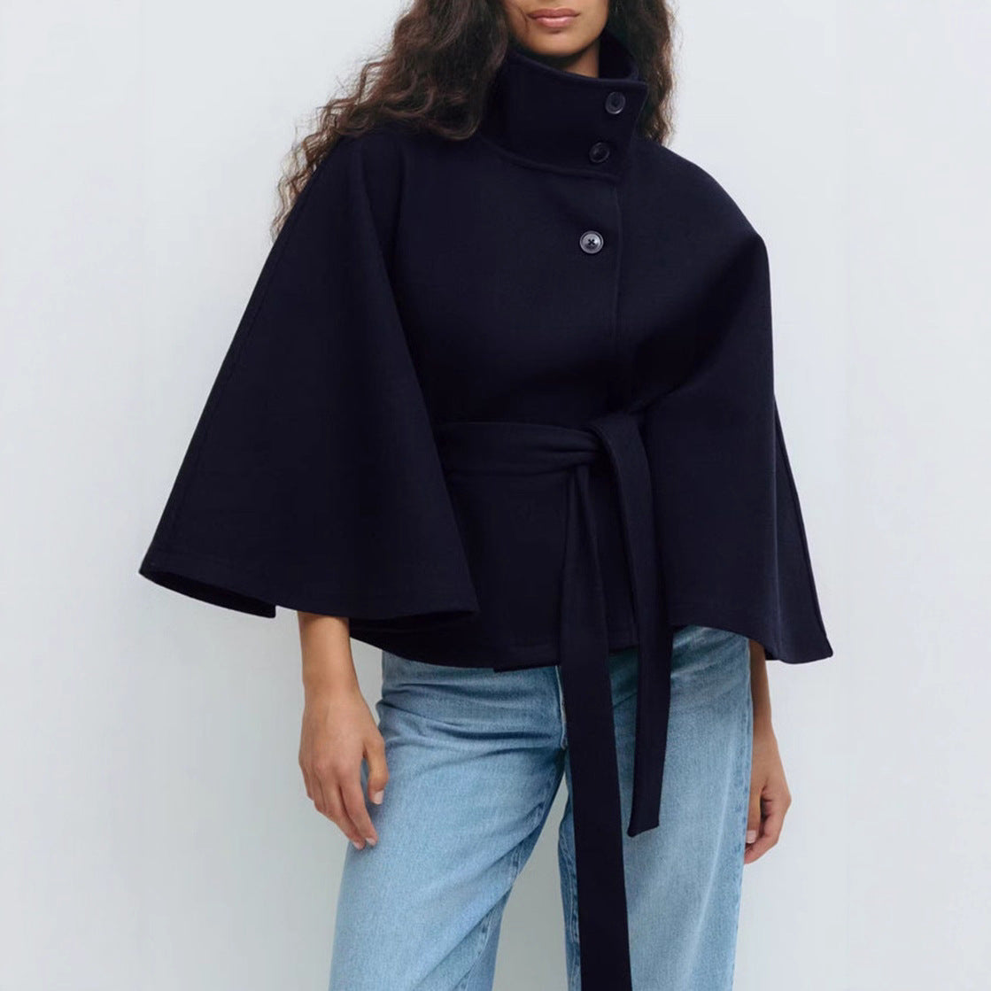 Women's Belted Cape Coat Stand Collar Button Jacket