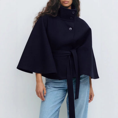 Women's Belted Cape Coat Stand Collar Button Jacket